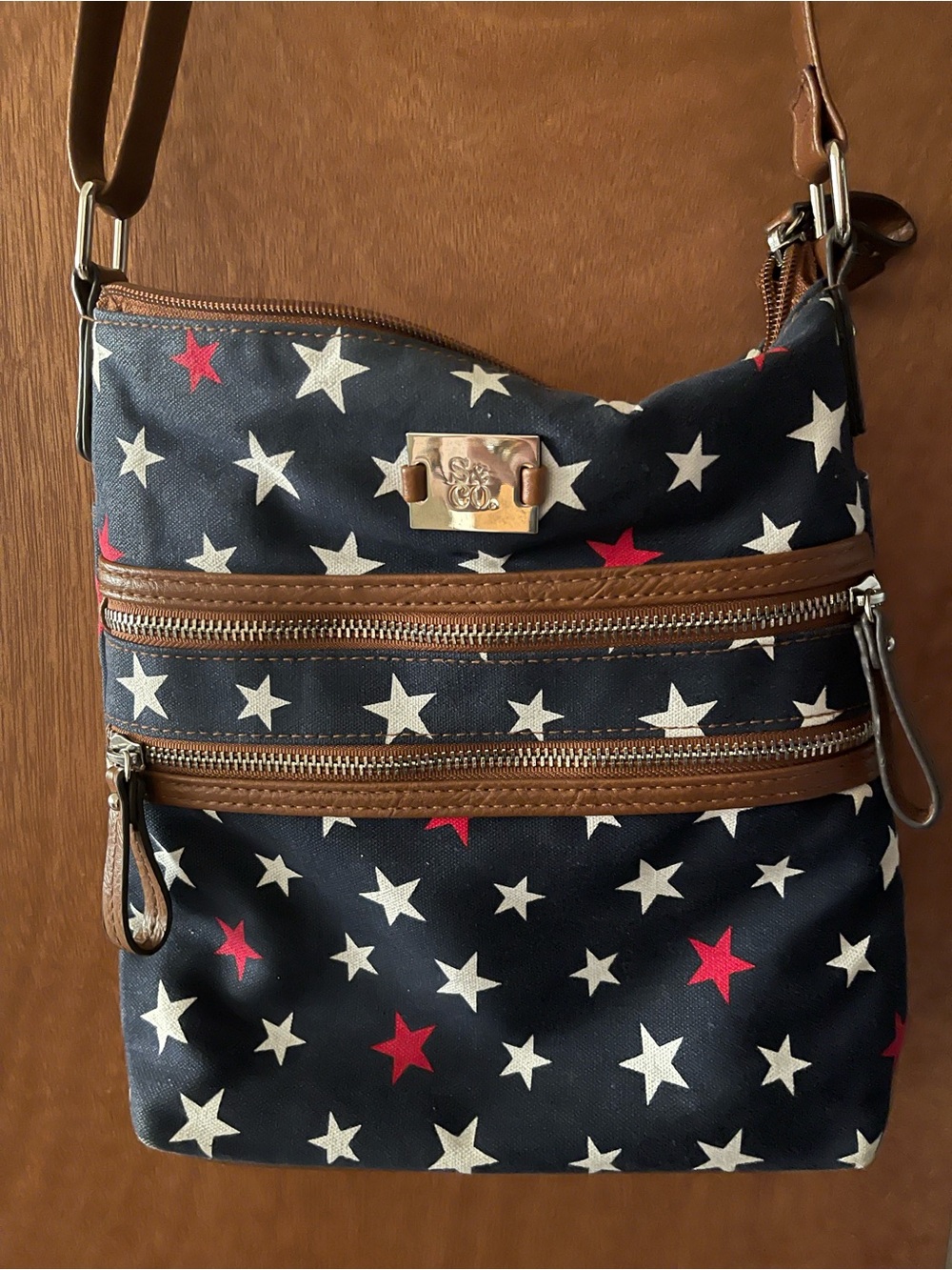 Style & Co Navy Star Crossbody Bag with Brown Trim